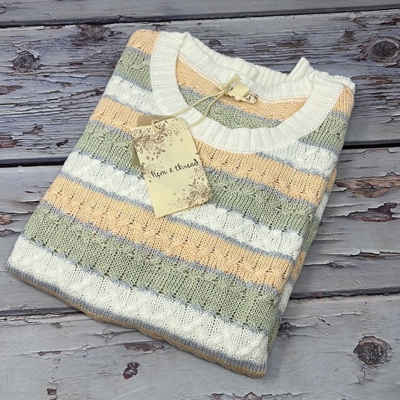 🆕Hem & Thread Sage/Coral Sweater Striped Short Sleeve Textured S,M & L - Picture 11 of 11